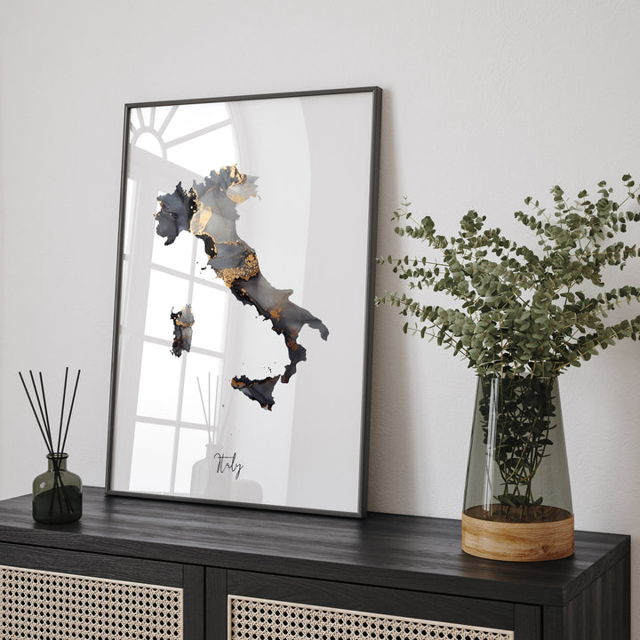 Italy Map Black & Gold Wall Art Print [EV]