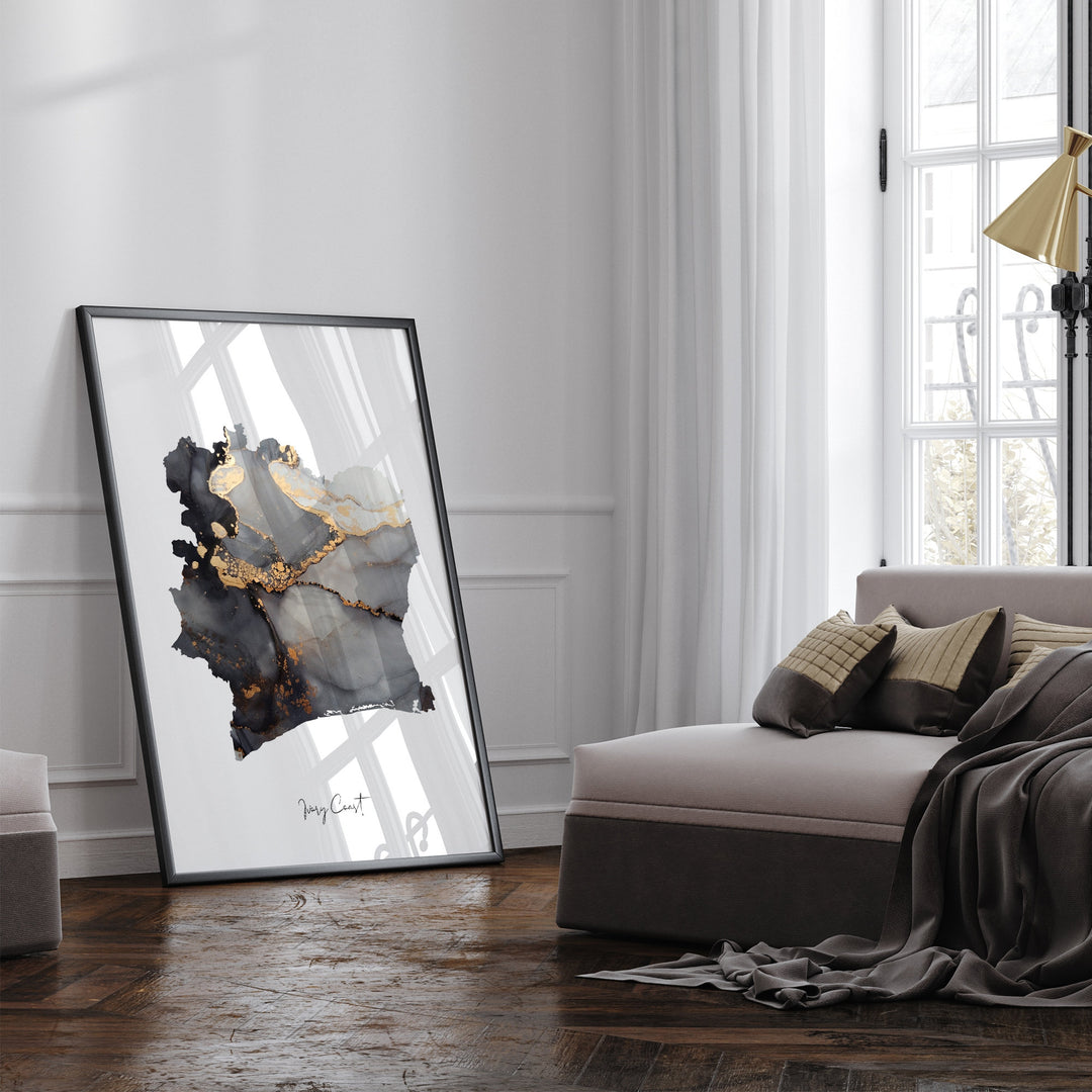 Ivory Coast Map Black & Gold Wall Art Print Côte d'Ivoire [EV]