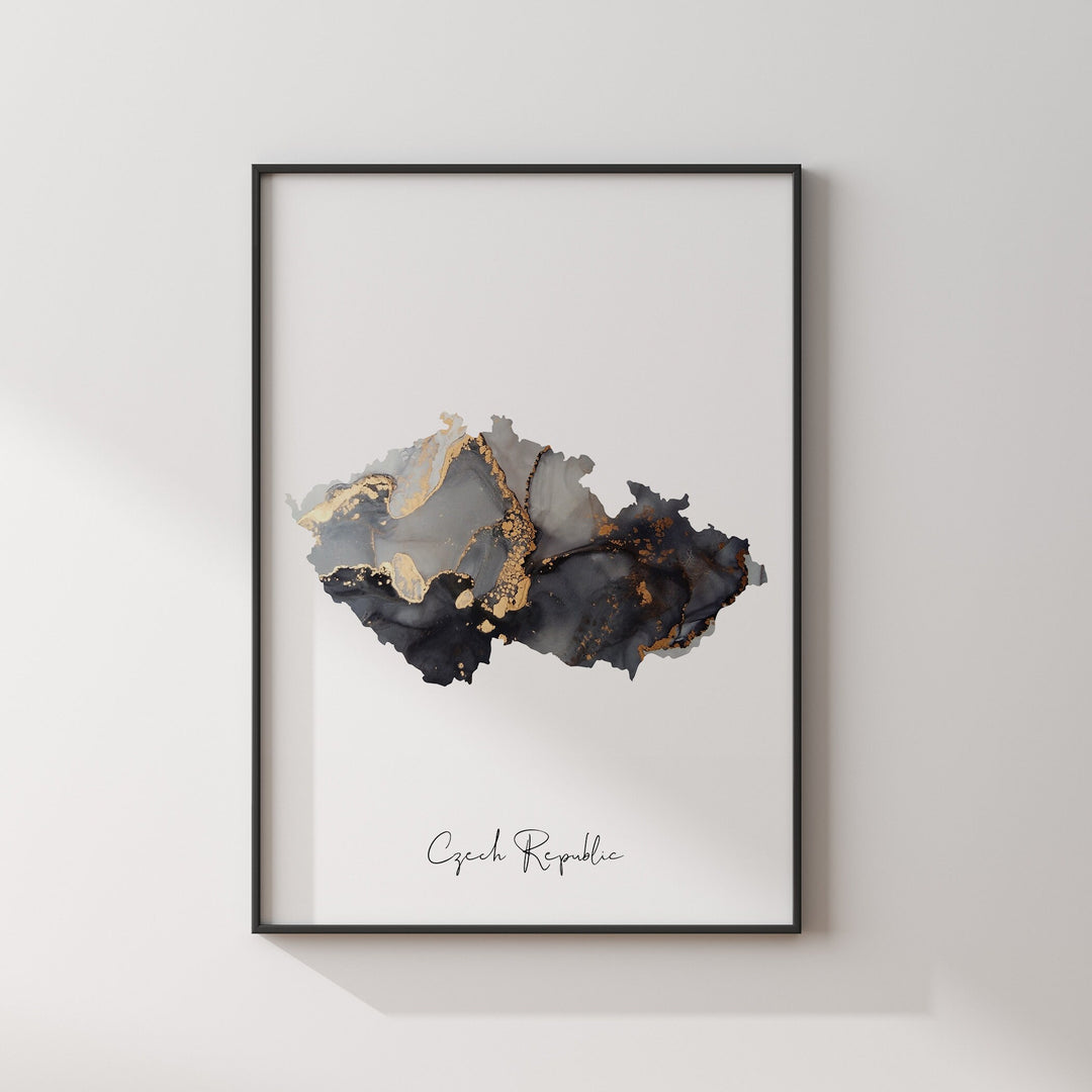 Czech Republic Map Black & Gold Wall Art Print [EV]