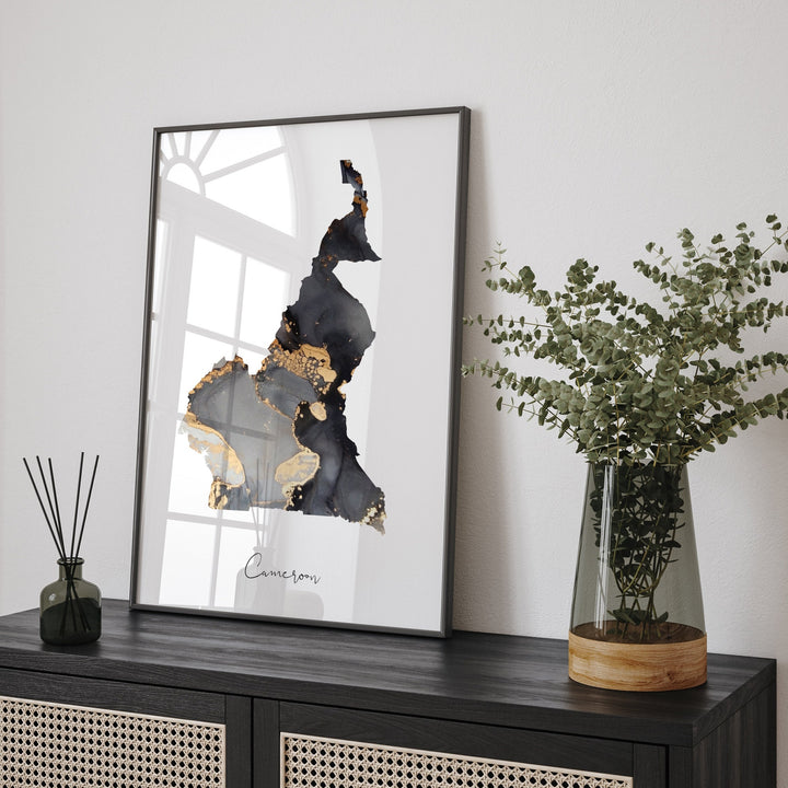 Cameroon Map Black & Gold Wall Art Print [EV]