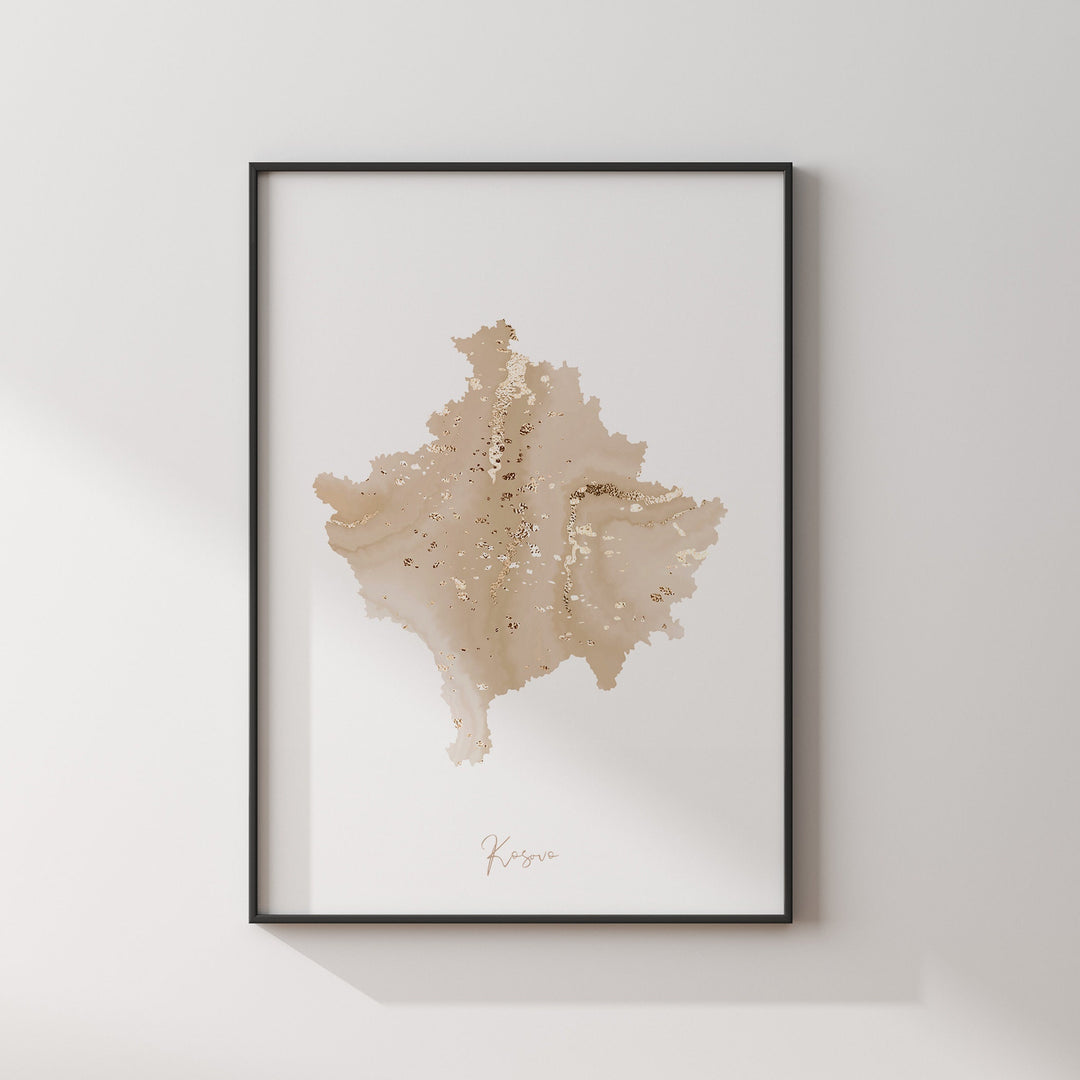 Kosovo Map Beige & Gold Wall Art Print [EV]
