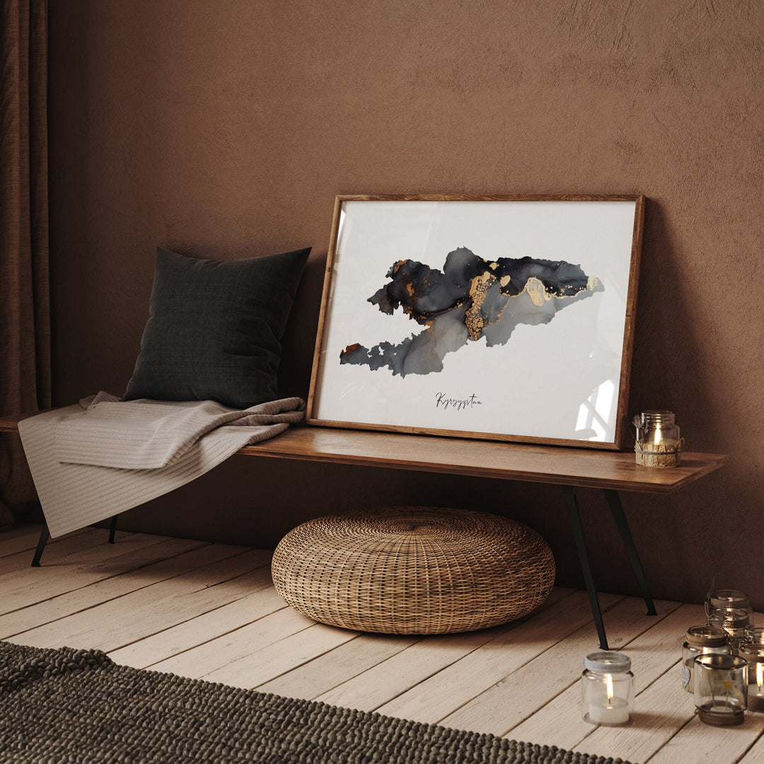 Kyrgyzstan Map Black & Gold Wall Art Print [EV]
