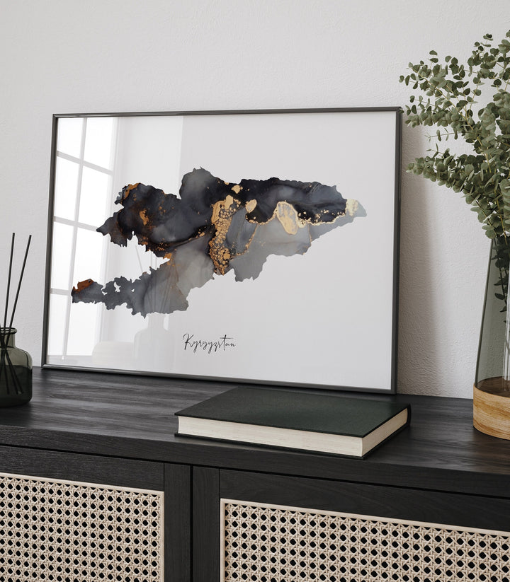 Kyrgyzstan Map Black & Gold Wall Art Print [EV]
