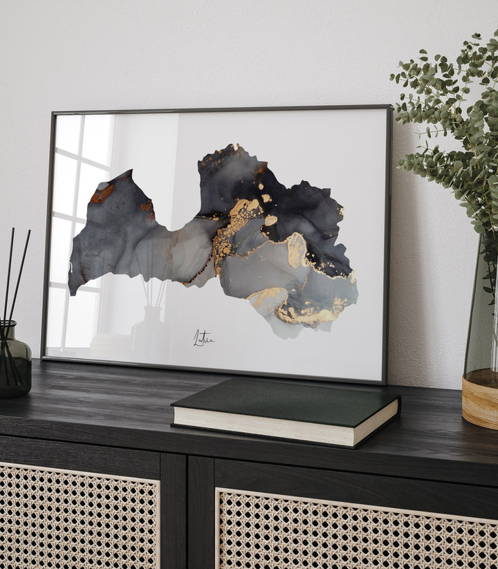 Latvia Map Black & Gold Wall Art Print [EV]