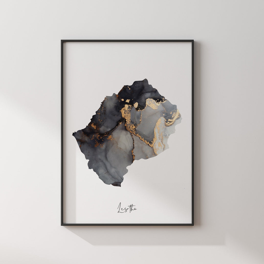 Lesotho Map Black & Gold Wall Art Print [EV]