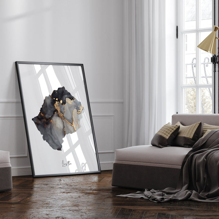 Lesotho Map Black & Gold Wall Art Print [EV]