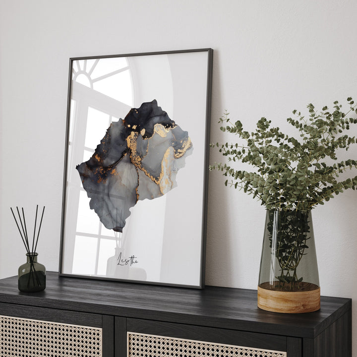 Lesotho Map Black & Gold Wall Art Print [EV]