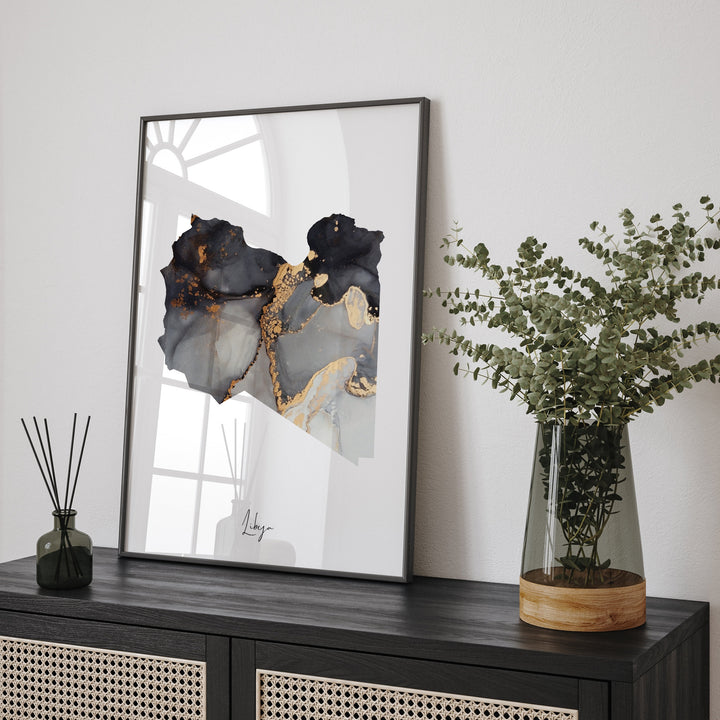 Libya Map Black & Gold Wall Art Print [EV]