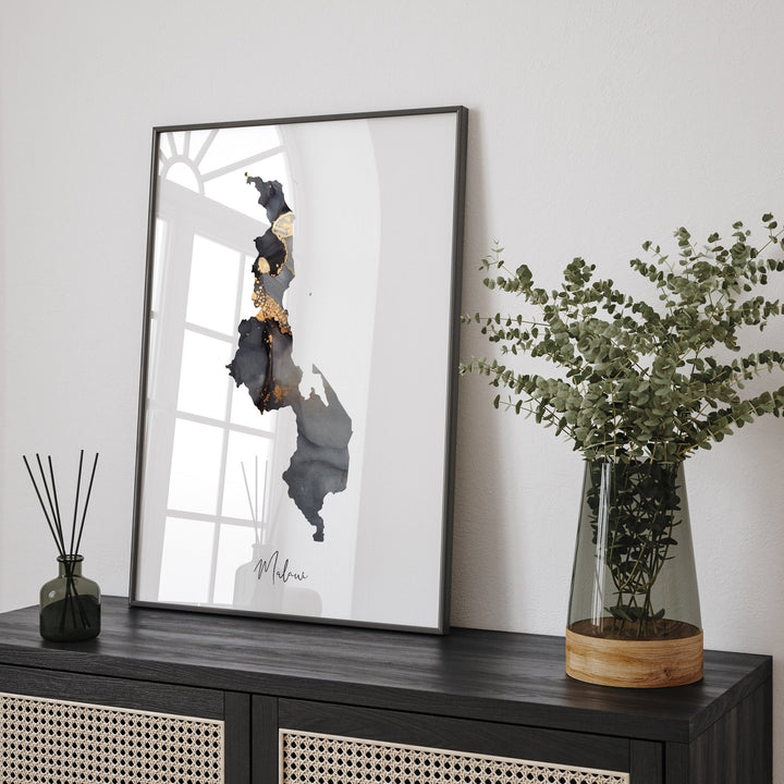 Malawi Map Black & Gold Wall Art Print [EV]
