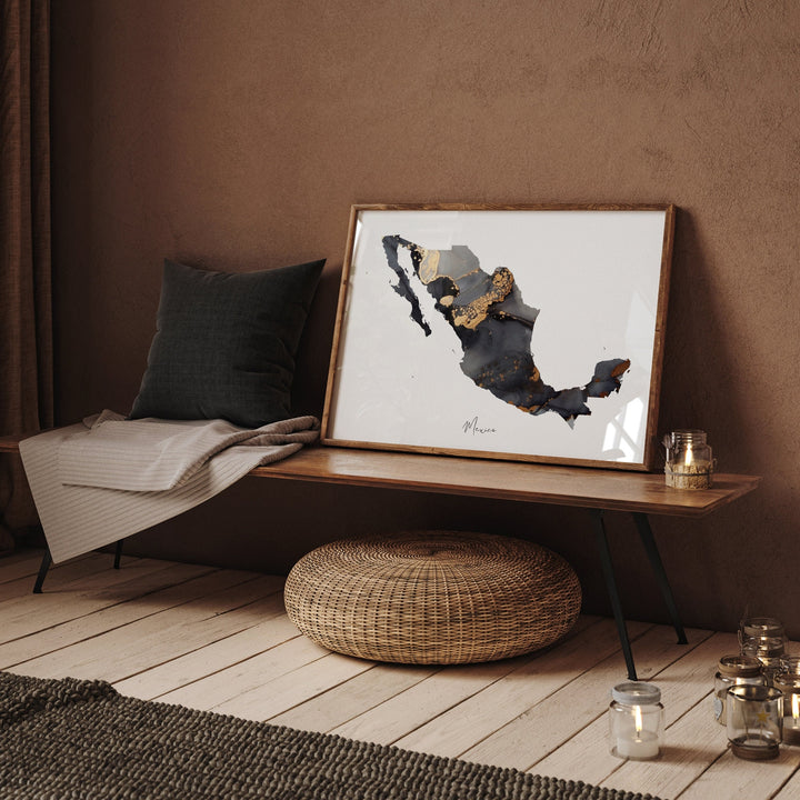 Mexico Map Black & Gold Wall Art Print [EV]
