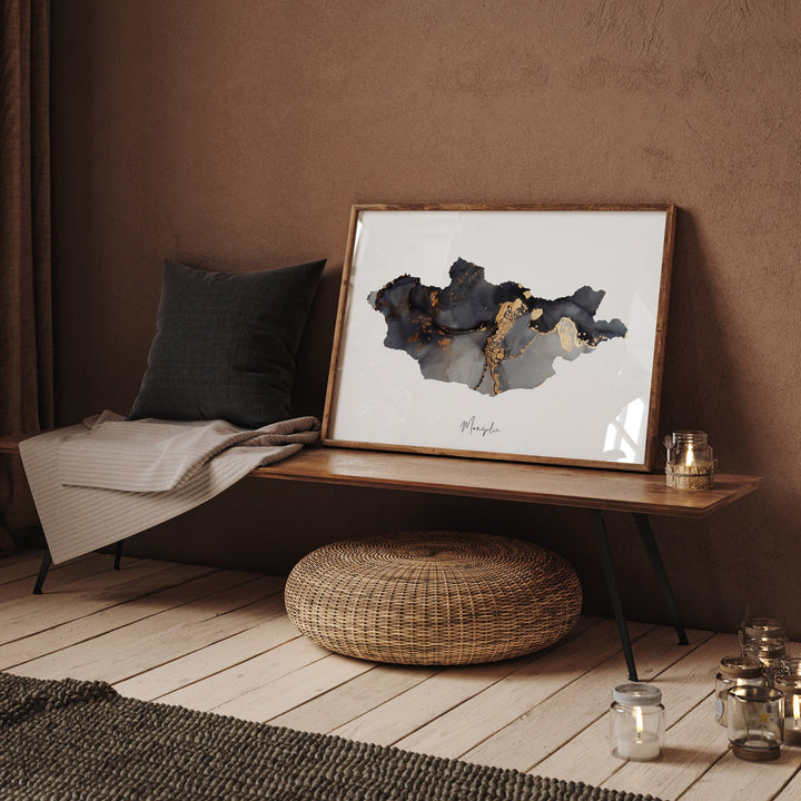 Mongolia Map Black & Gold Wall Art Print [EV]