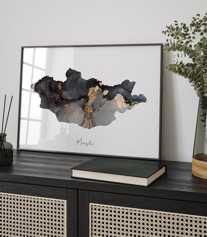 Mongolia Map Black & Gold Wall Art Print [EV]