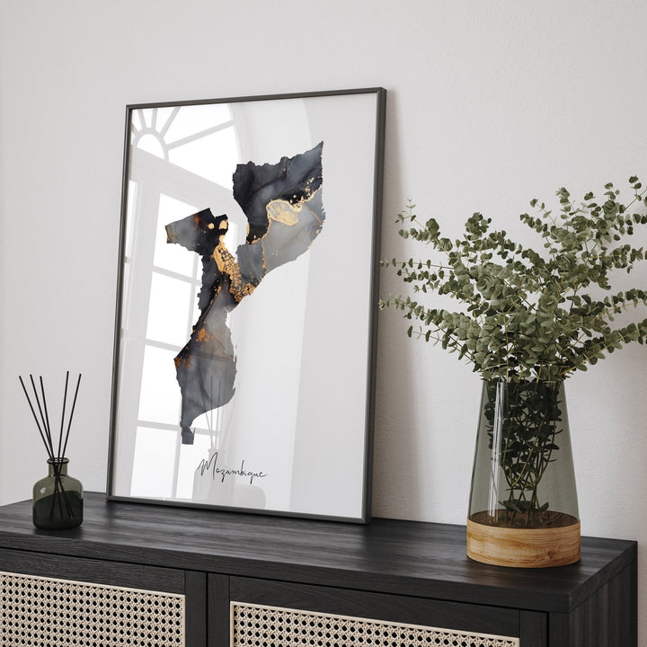 Mozambique Map Black & Gold Wall Art Print [EV]