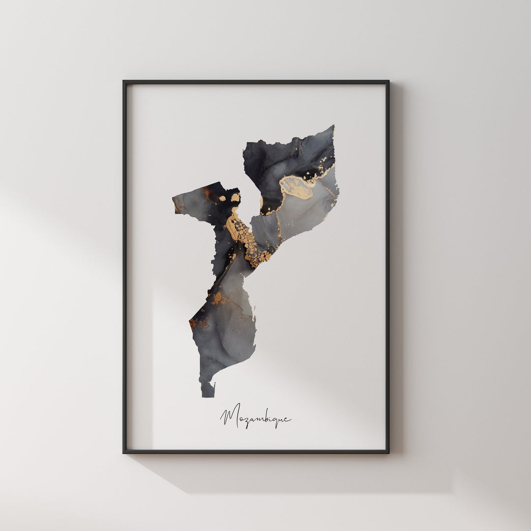 Mozambique Map Black & Gold Wall Art Print [EV]