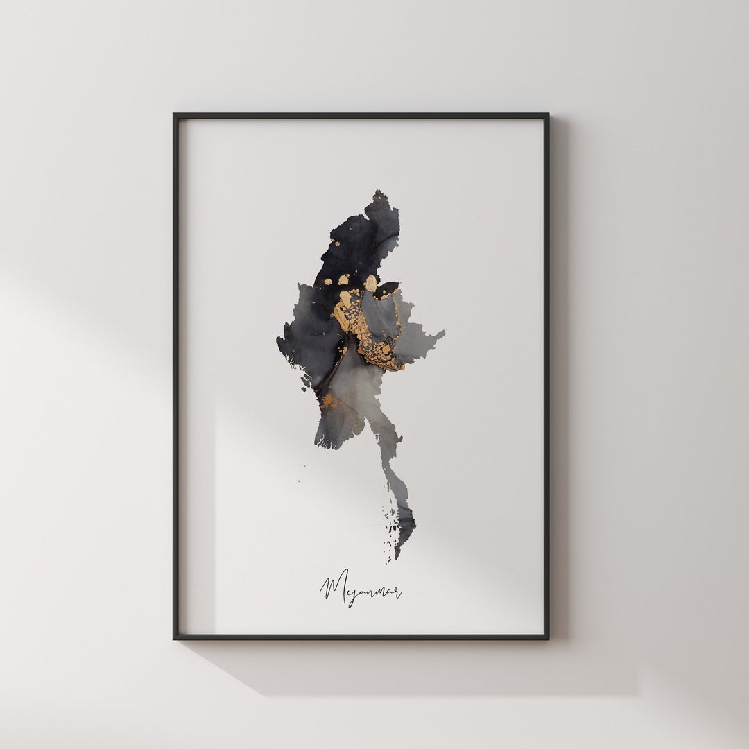 Myanmar Map Black & Gold Wall Art Print [EV]
