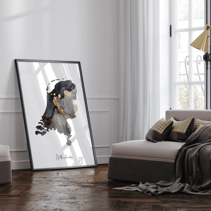 Netherlands Map Black & Gold Wall Art Print [EV]