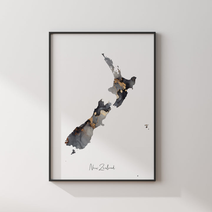 New Zealand Map Black & Gold Wall Art Print [EV]