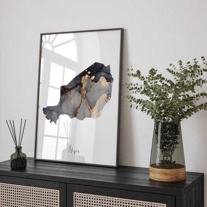 Niger Map Black & Gold Wall Art Print [EV]