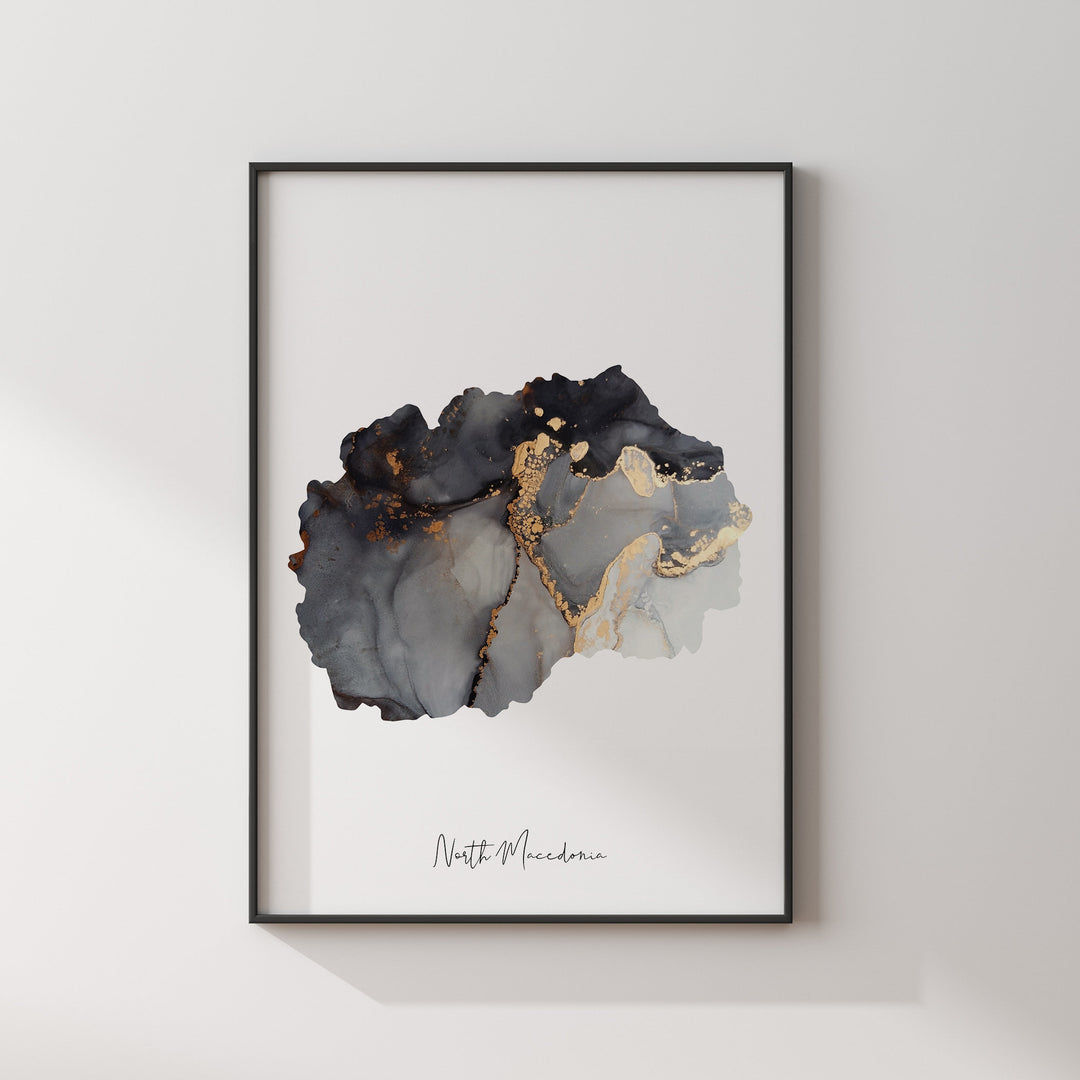 North Macedonia Map Black & Gold Wall Art Print [EV]