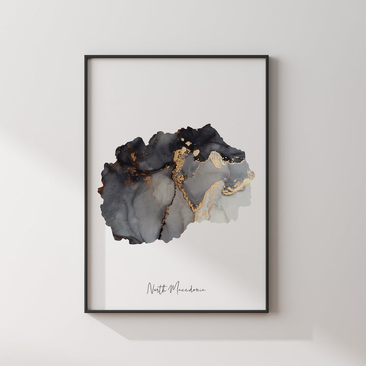 North Macedonia Map Black & Gold Wall Art Print [EV]