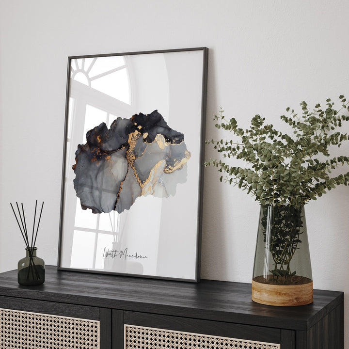 North Macedonia Map Black & Gold Wall Art Print [EV]