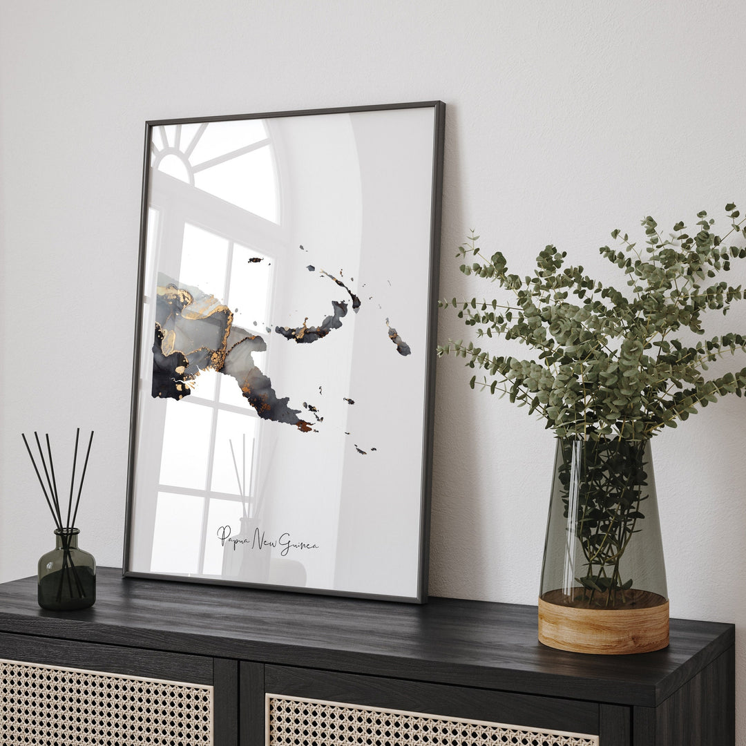 Papua New Guinea Map Black & Gold Wall Art Print [EV]