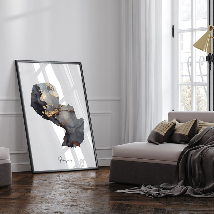 Paraguay Map Black & Gold Wall Art Print [EV]