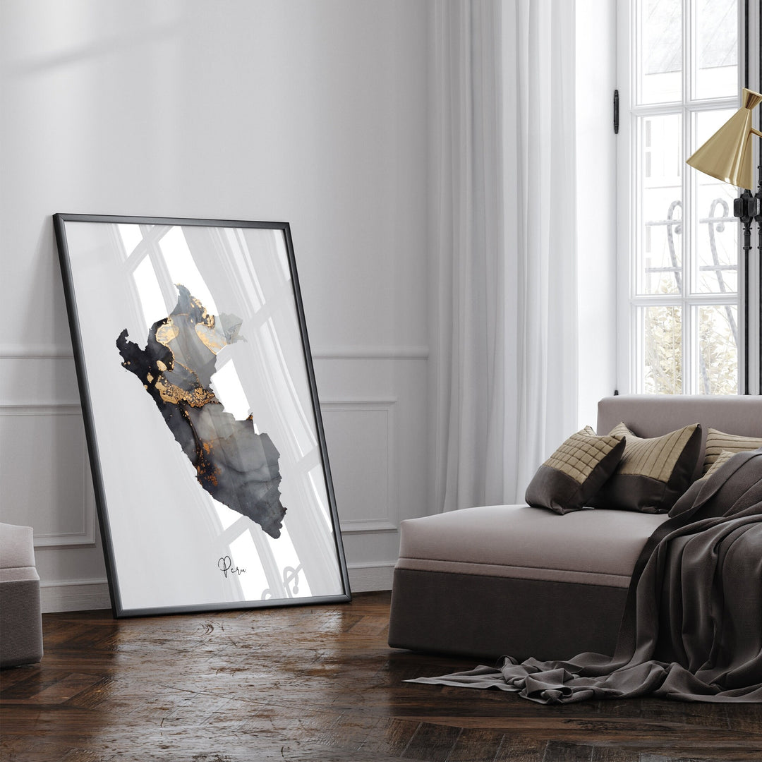 Peru Map Black & Gold Wall Art Print [EV]
