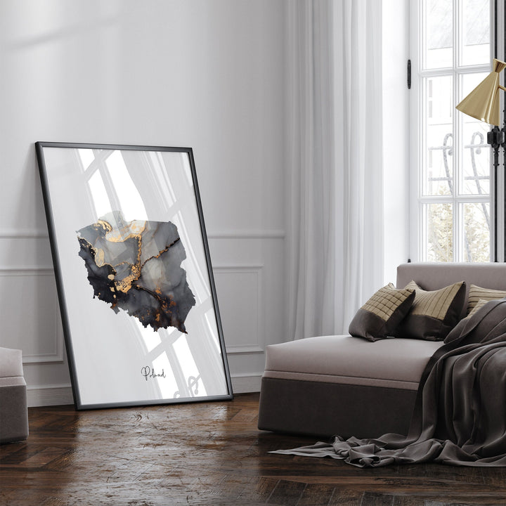 Poland Map Black & Gold Wall Art Print [EV]