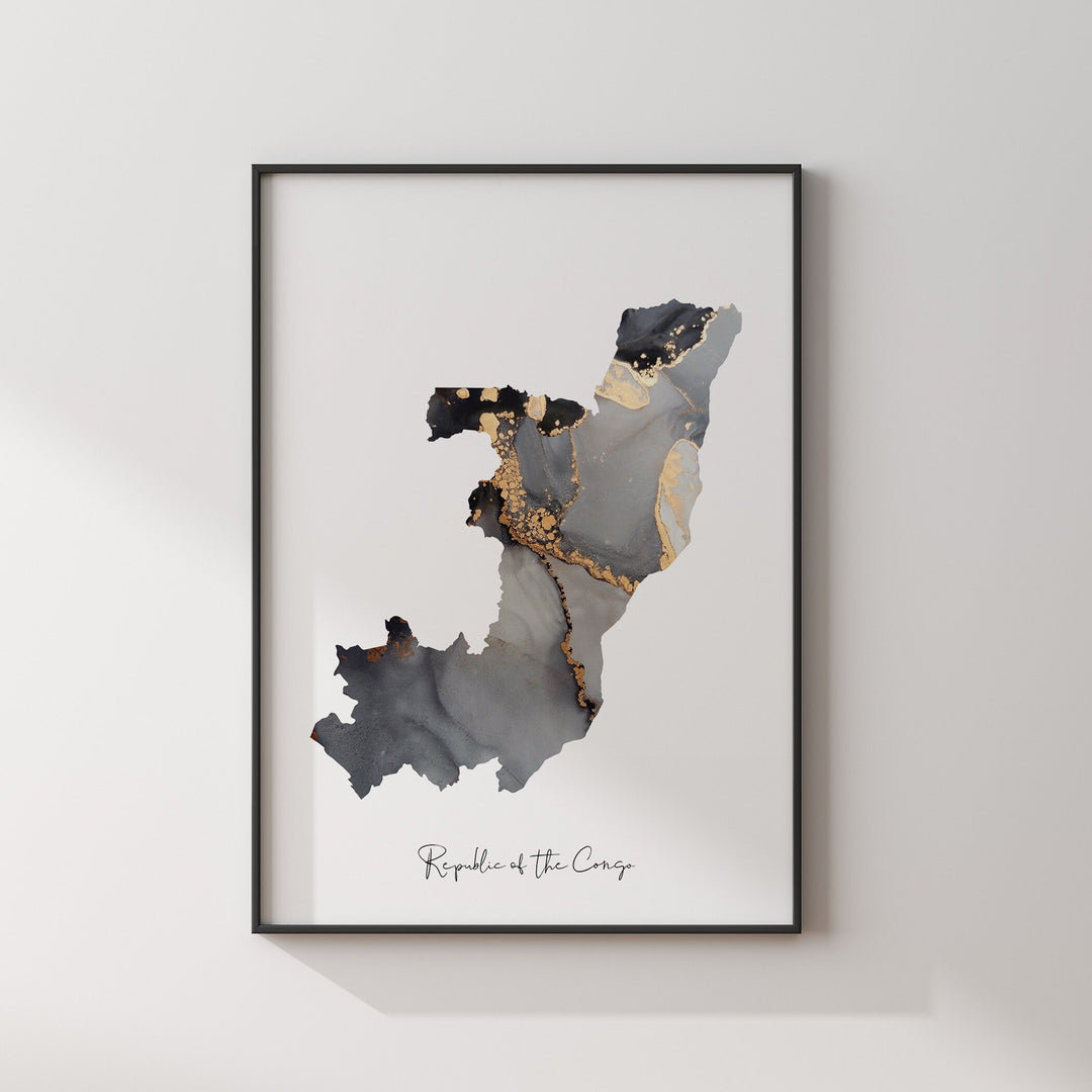 Republic of the Congo Map Black & Gold Wall Art Print [EV]