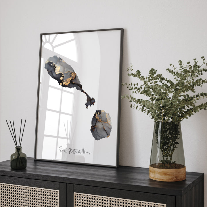 Saint Kitts & Nevis Map Black + Gold Wall Art Print [EV]