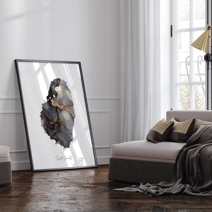 Saint Vincent Map Black & Gold Wall Art Print [EV]