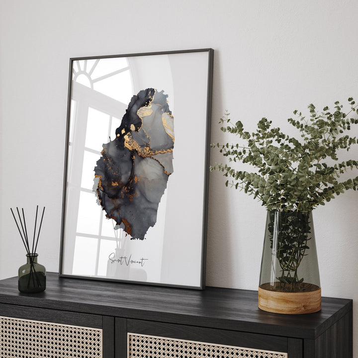 Saint Vincent Map Black & Gold Wall Art Print [EV]
