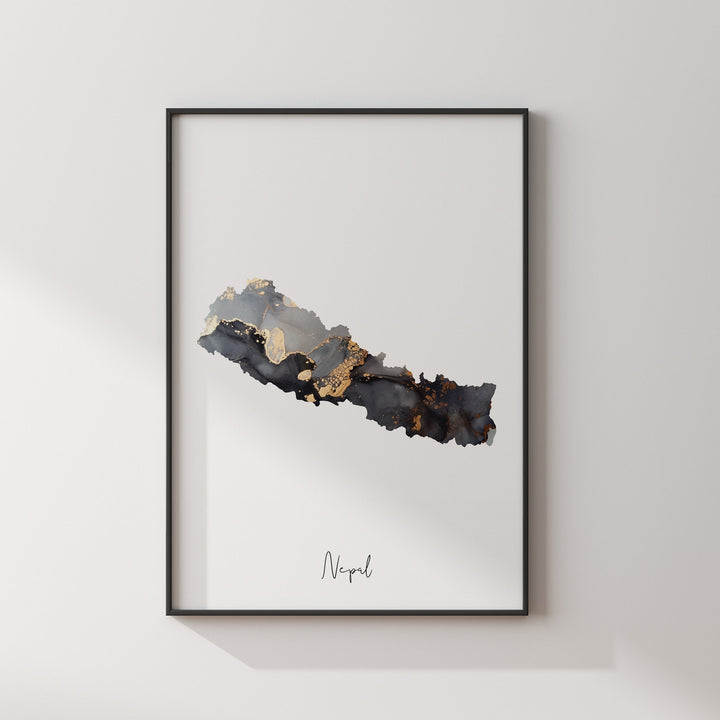 Nepal Map Black & Gold Wall Art Print [EV]
