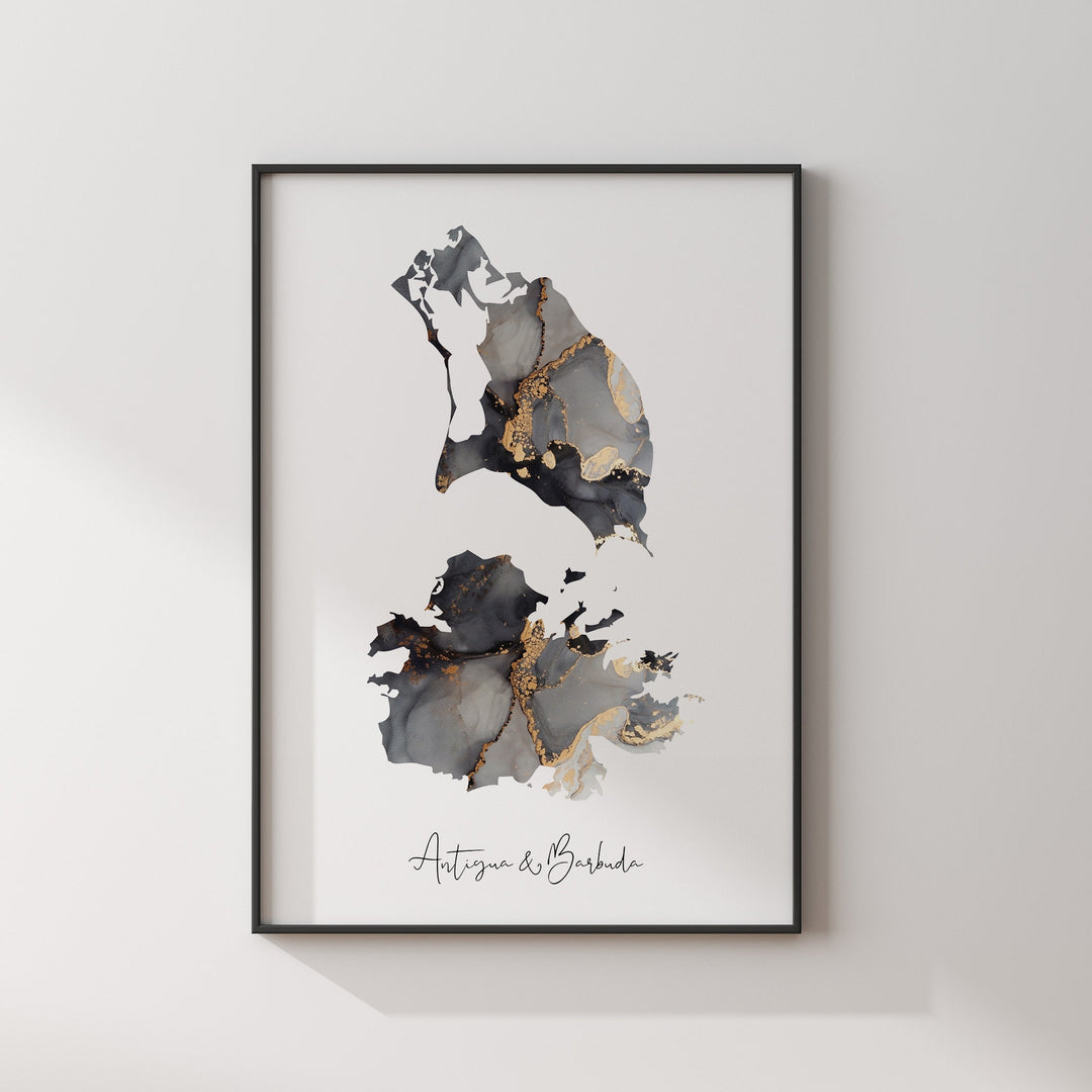 Antigua and Barbuda Map Black & Gold Wall Art Print [EV]