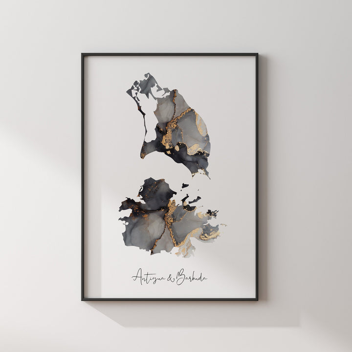 Antigua and Barbuda Map Black & Gold Wall Art Print [EV]