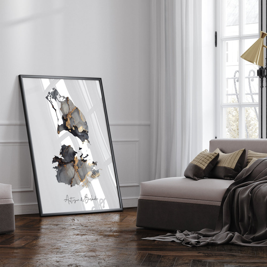 Antigua and Barbuda Map Black & Gold Wall Art Print [EV]