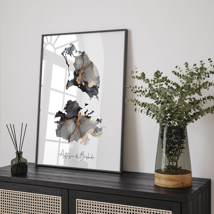 Antigua and Barbuda Map Black & Gold Wall Art Print [EV]