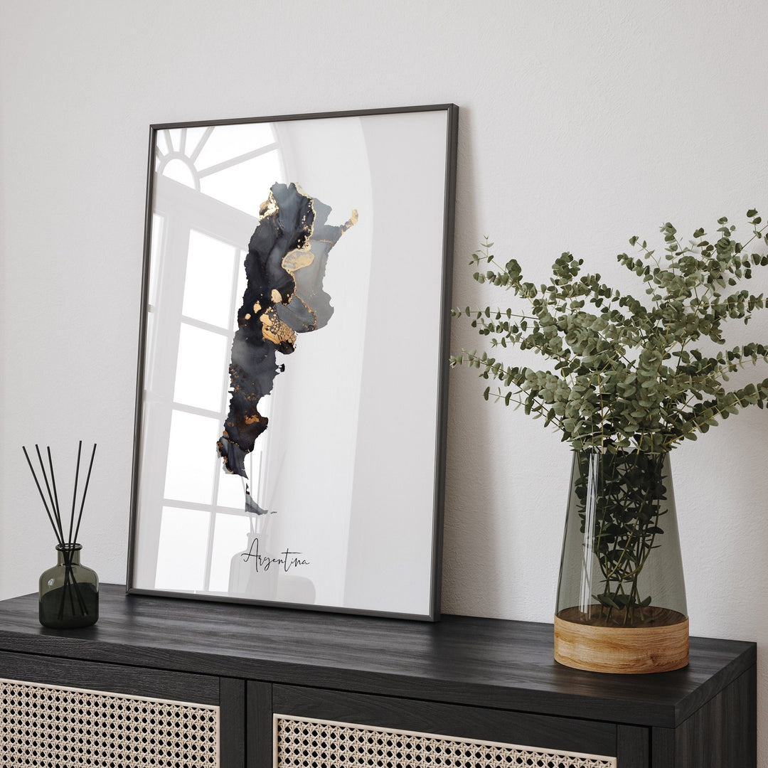 Argentina Map Black & Gold Wall Art Print [EV]