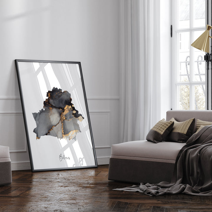 Belarus Map Black & Gold Wall Art Print [EV]