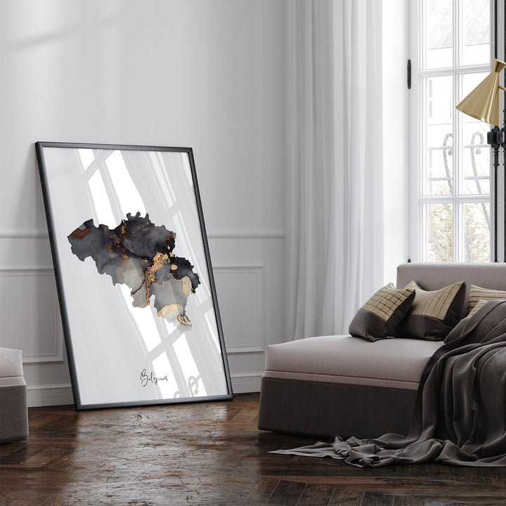 Belgium Map Black & Gold Wall Art Print [EV]