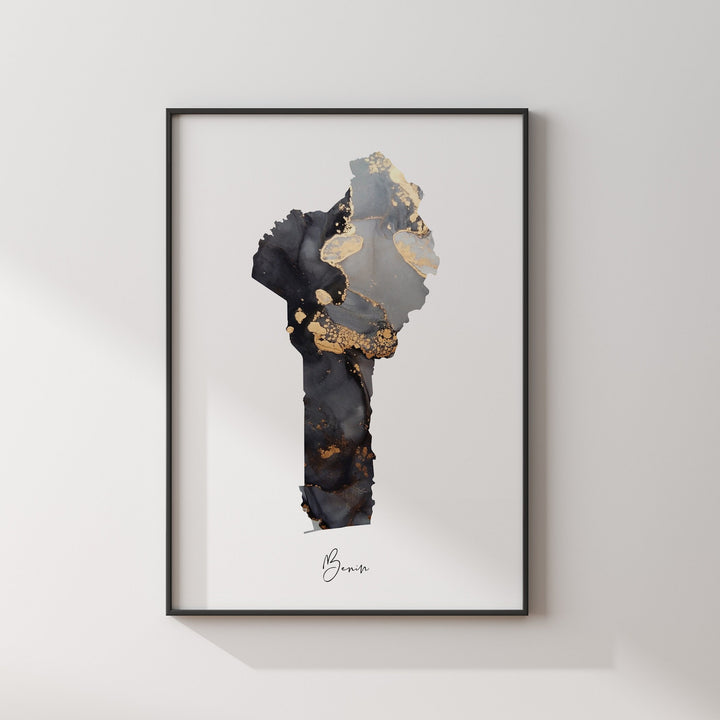 Benin Map Black & Gold Wall Art Print [EV]