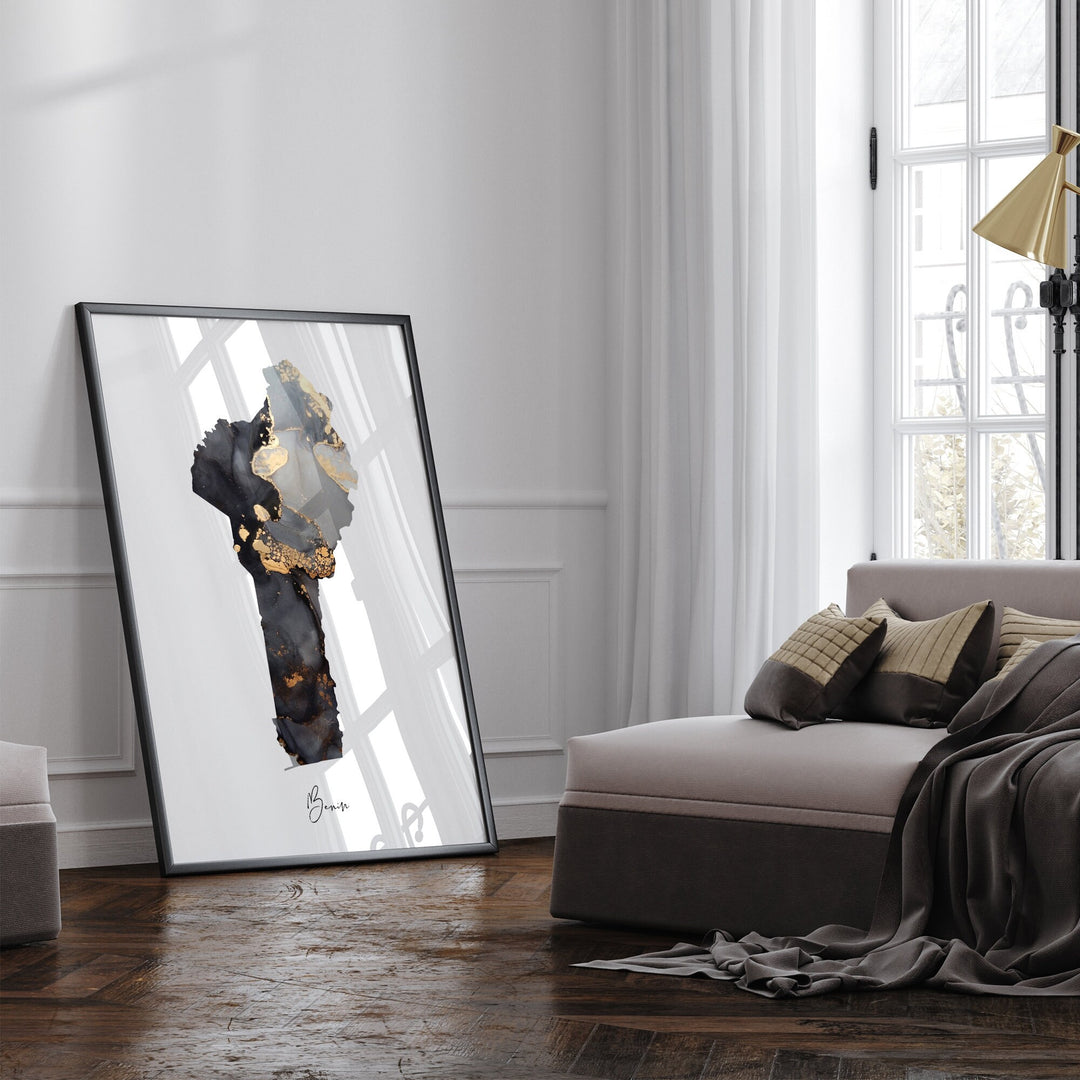 Benin Map Black & Gold Wall Art Print [EV]
