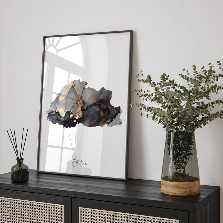 Bhutan Map Black & Gold Wall Art Print [EV]