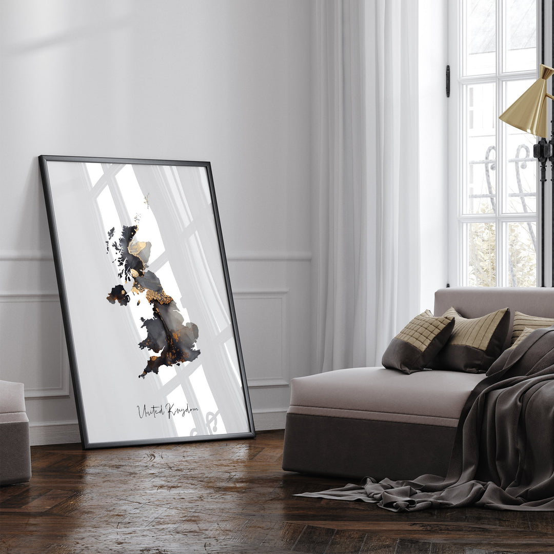 United Kingdom Map Black & Gold Wall Art Print [EV]