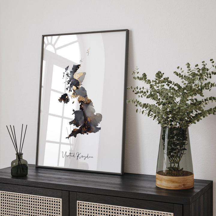 United Kingdom Map Black & Gold Wall Art Print [EV]