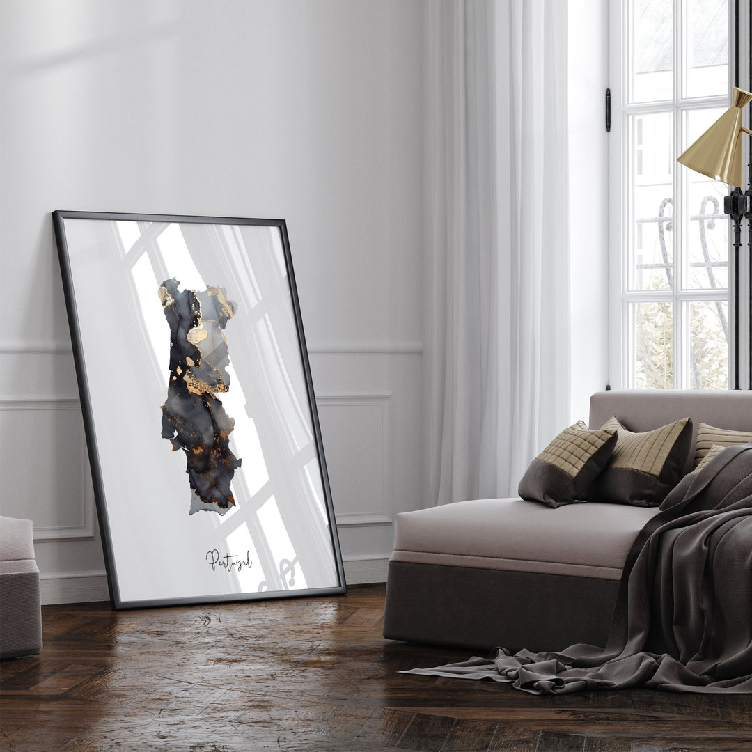 Portugal Map Black & Gold Wall Art Print [EV]