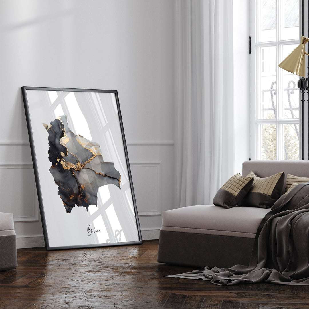 Bolivia Map Black & Gold Wall Art Print [EV]