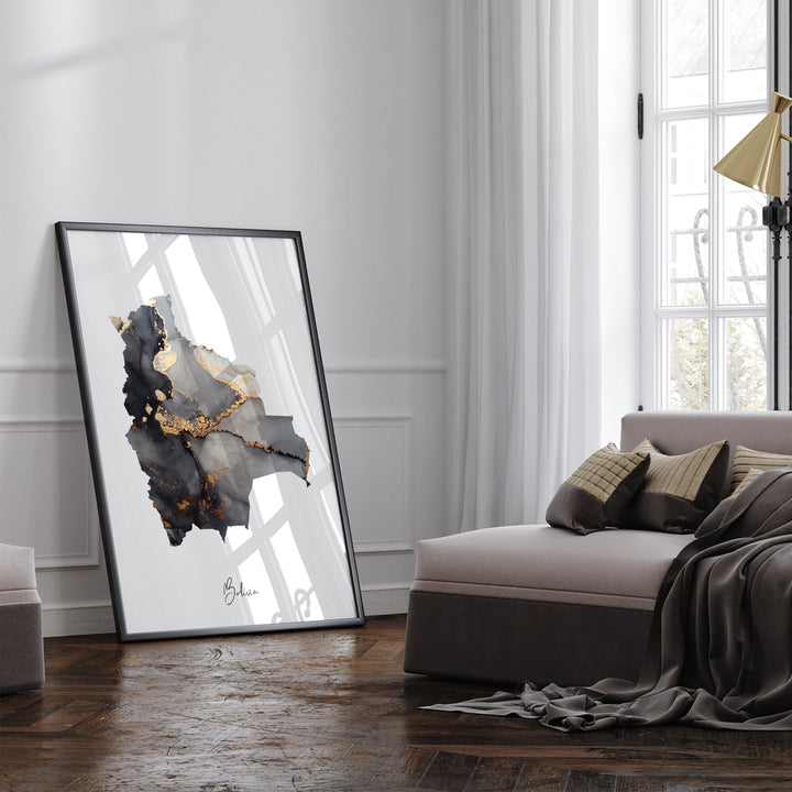 Bolivia Map Black & Gold Wall Art Print [EV]