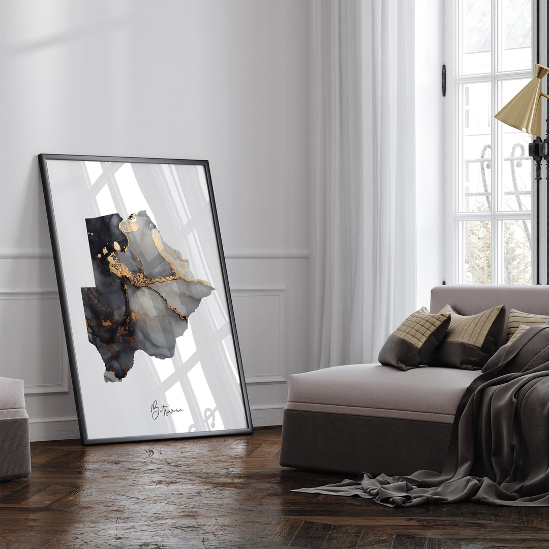 Botswana Map Black & Gold Wall Art Print [EV]